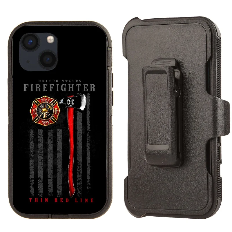 Rugged Shockproof Case with clip for Apple iPhone 13/14 Firefighter Thin Red Line