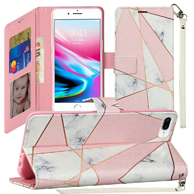 For Apple iPhone 8 Plus/7 Plus/6 Plus Vegan Design Wallet ID Card Case Cover - Marble