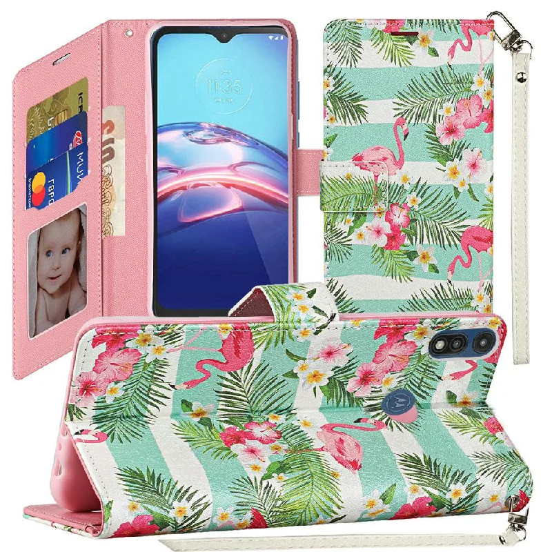 For Motorola Moto E (2020) Vegan Design Wallet ID Card Case Cover - Flamingo