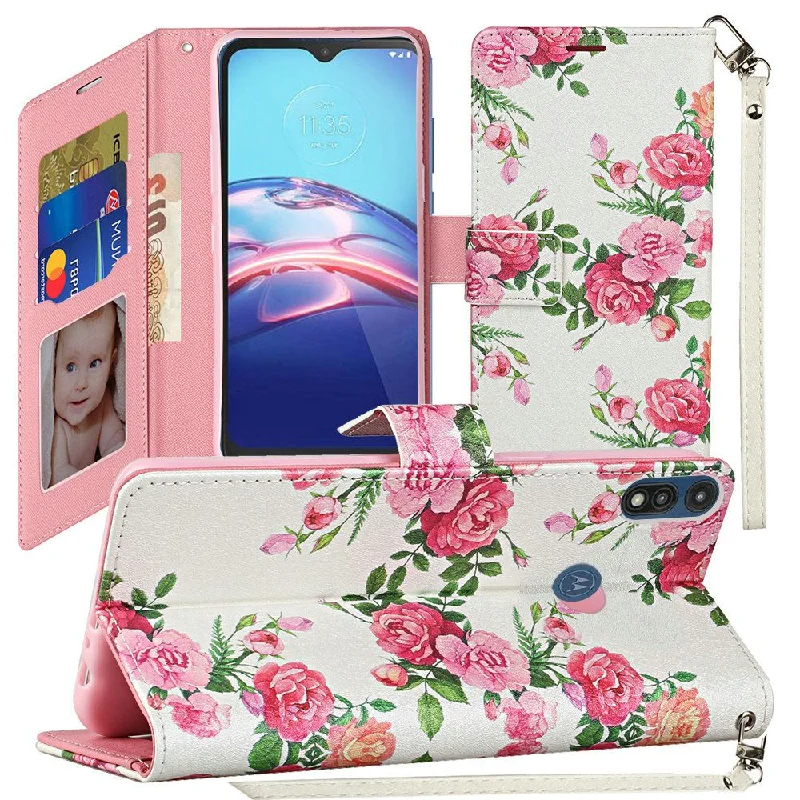 For Motorola Moto E (2020) Vegan Design Wallet ID Card Case Cover - Roses Bouquet