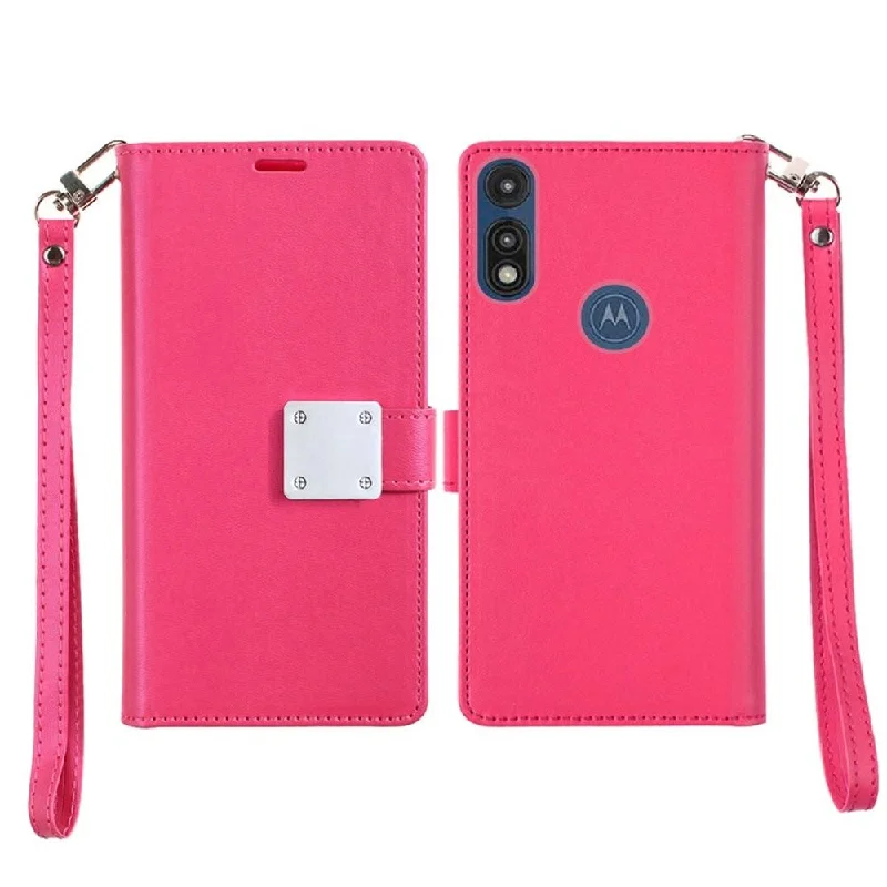 For Motorola Moto E (2020) Wallet ID Card Holder Case Cover - Hot Pink