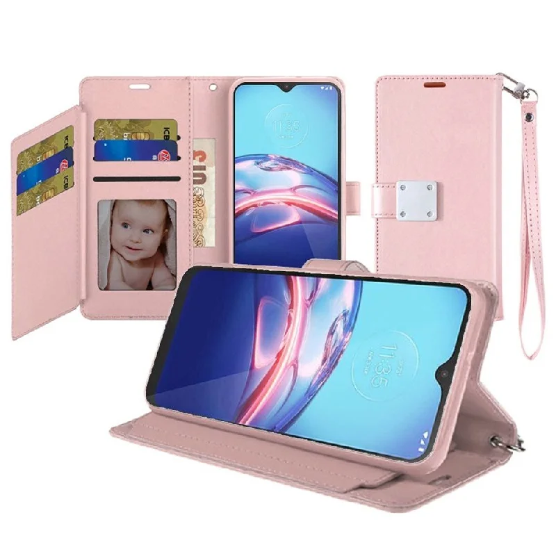 For Motorola Moto E (2020) Wallet ID Card Holder Case Cover - Rose Gold