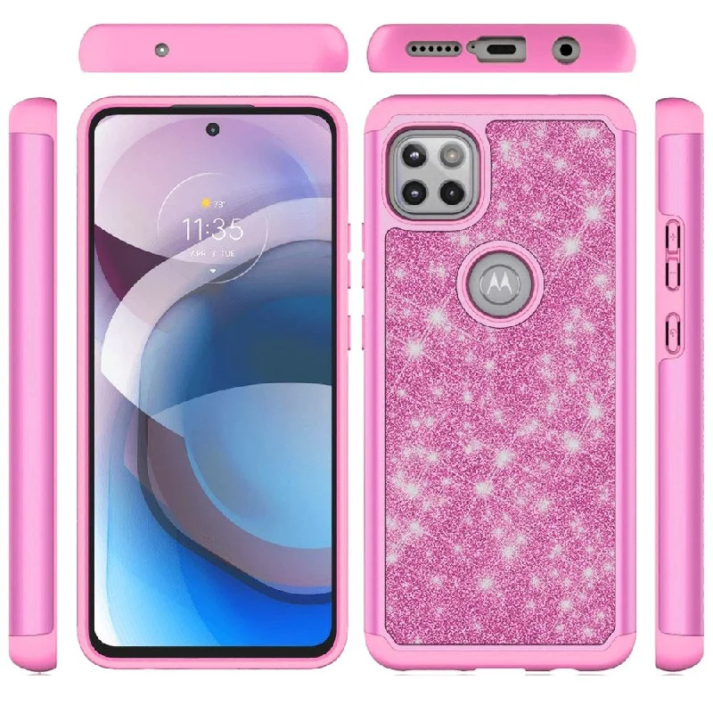 For Motorola Moto One 5G Ace Glitter Bling Shinny Hybrid Case Cover - Hot Pink/Hot Pink