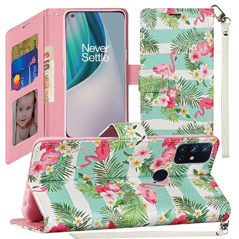 For OnePlus Nord N10 5G Vegan Design Wallet ID Card Case Cover - Flamingo