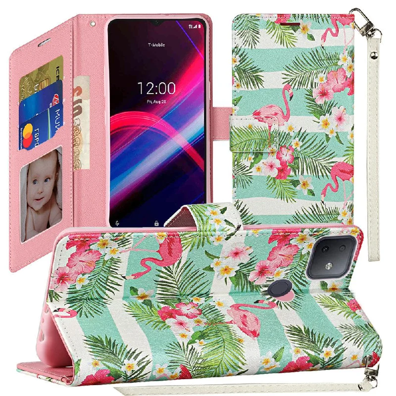 For Revvl 4+ Plus Vegan Design Wallet ID Card Case Cover - Flamingo