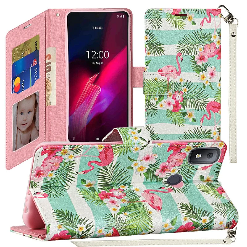 For Revvl 4 Vegan Design Wallet ID Card Case Cover - Flamingo