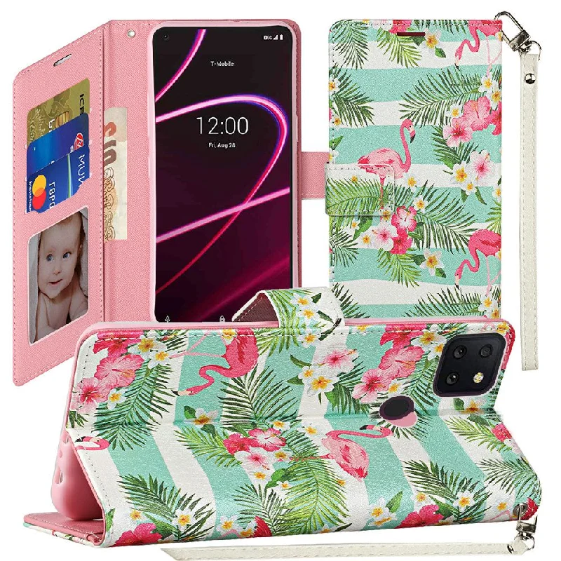 For Revvl 5G Vegan Design Wallet ID Card Case Cover - Flamingo