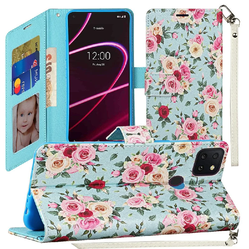 For Revvl 5G Vegan Design Wallet ID Card Case Cover - Vintage Roses