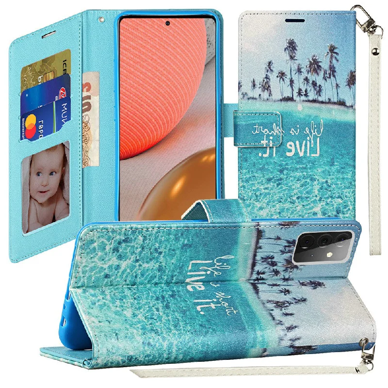 For Samsung Galaxy A72 5G Vegan Design Wallet ID Card Case Cover - Live Life