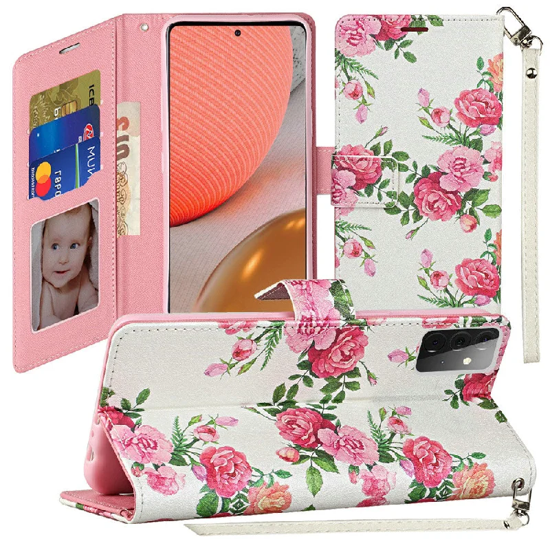 For Samsung Galaxy A72 5G Vegan Design Wallet ID Card Case Cover - Roses Bouquet