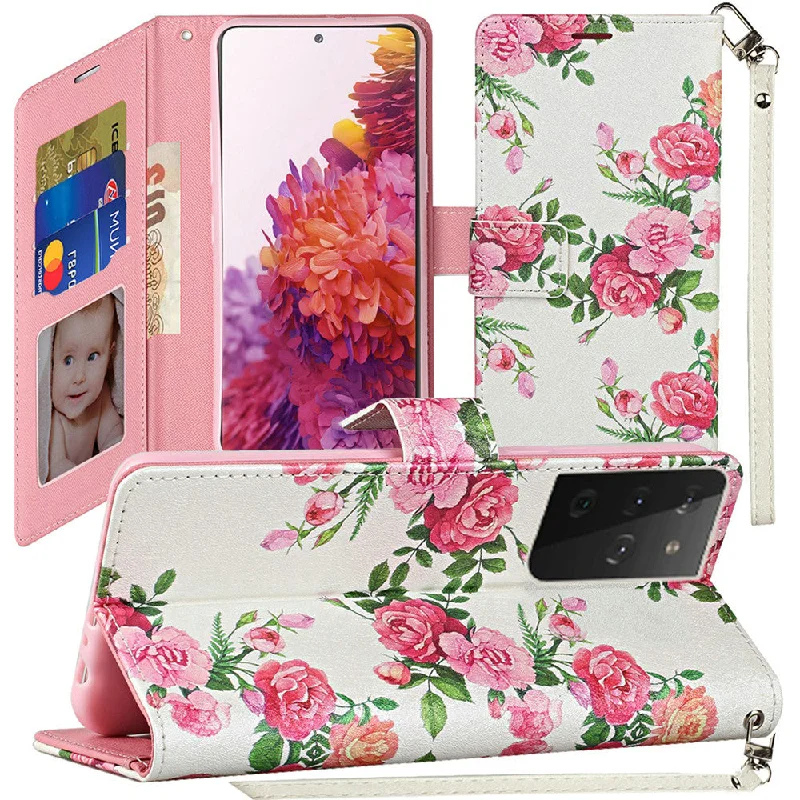 For Samsung Galaxy s21 Plus, s30 Plus Vegan Design Wallet ID Card Case Cover - Roses Bouquet