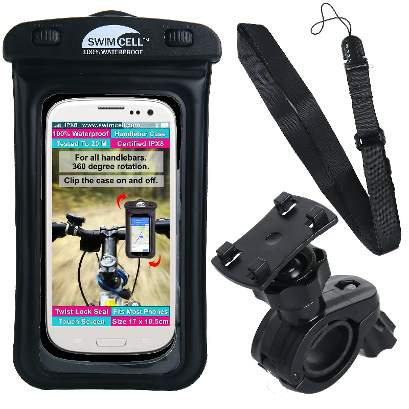 SwimCell Phone Holder Bike Waterproof Case - Handlebar Mount. (10cm x 16cm)