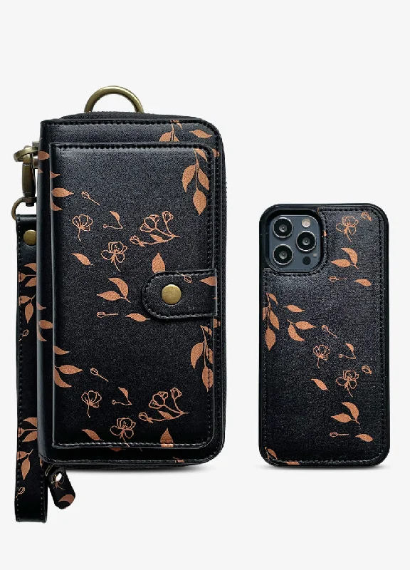 Ultimate Wristlet Phone Case in Black & Bronze Leaves