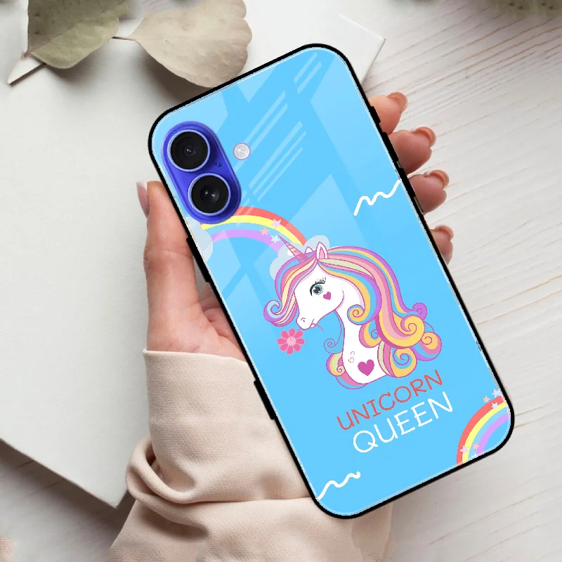 Blue Unicorn Queen Glass Phone Case For iPhone