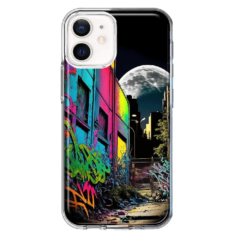 For Apple iPhone 12 Mini Urban City Full Moon Graffiti Painting Art Design Hybrid Protective Phone Case Cover