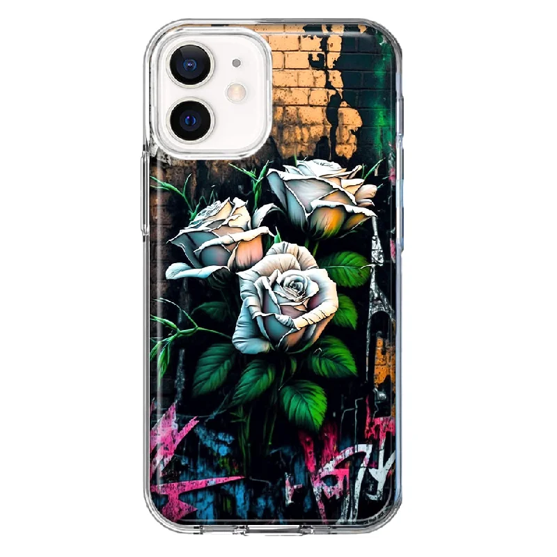 For Apple iPhone 12 Mini White Roses Graffiti Wall Art Painting Design Hybrid Protective Phone Case Cover