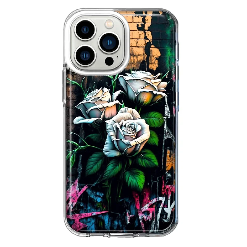 For Apple iPhone 13 Pro White Roses Graffiti Wall Art Painting Design Hybrid Protective Phone Case Cover