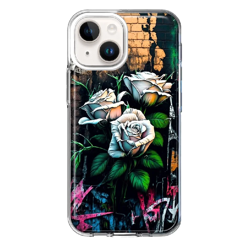 For Apple iPhone 13 White Roses Graffiti Wall Art Painting Design Hybrid Protective Phone Case Cover