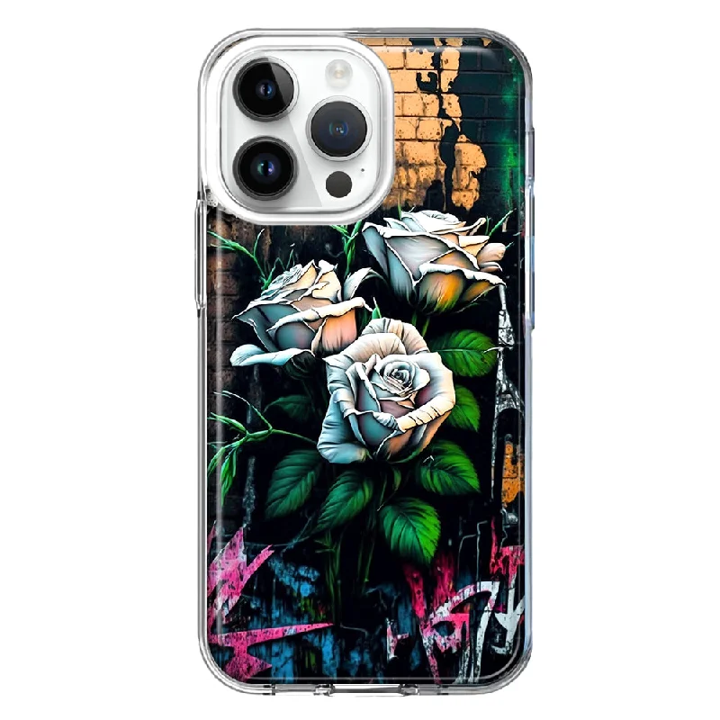 For Apple iPhone 14 Pro Max White Roses Graffiti Wall Art Painting Design Hybrid Protective Phone Case Cover