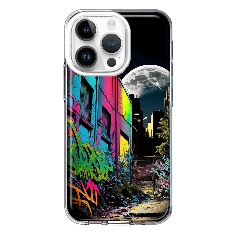 For Apple iPhone 14 Pro Urban City Full Moon Graffiti Painting Art Design Hybrid Protective Phone Case Cover