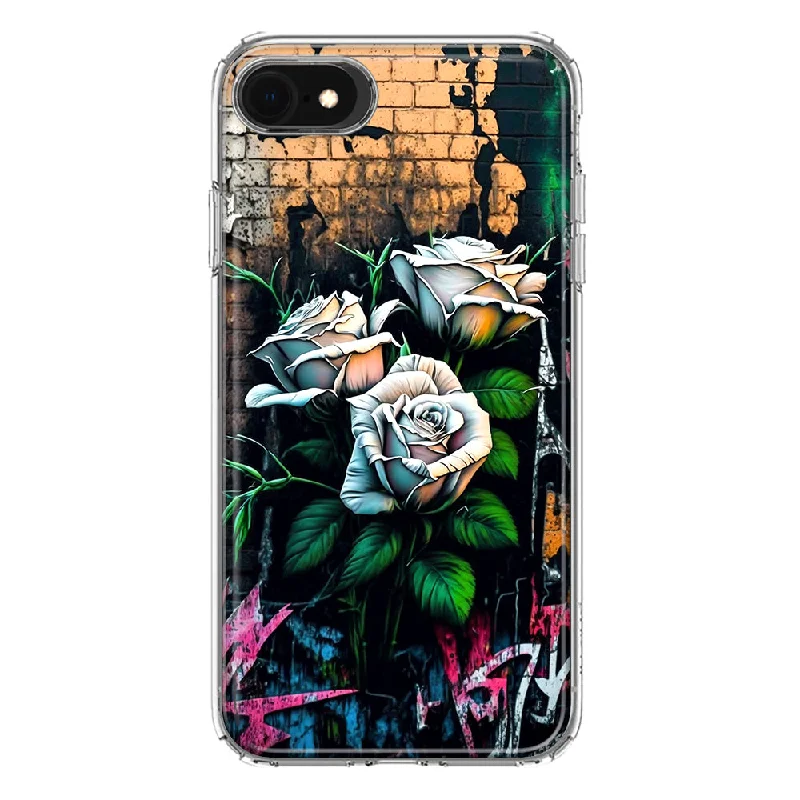 For Apple iPhone 6/7/8/SE 2020/SE 3 2022 White Roses Graffiti Wall Art Painting Design Hybrid Protective Phone Case Cover