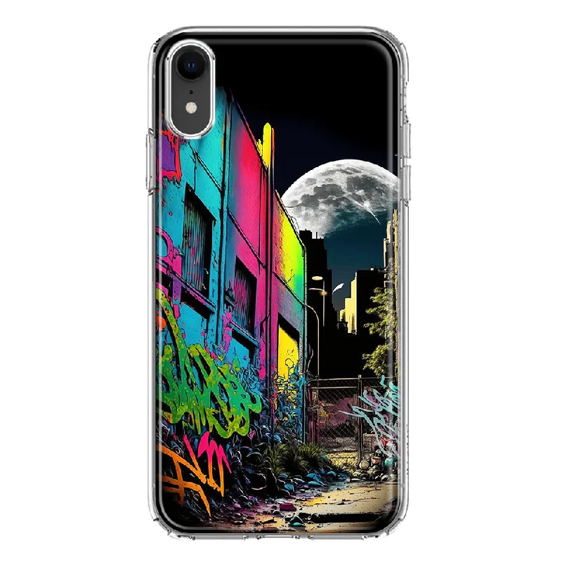 For Apple iPhone XR Urban City Full Moon Graffiti Painting Art Design Hybrid Protective Phone Case Cover