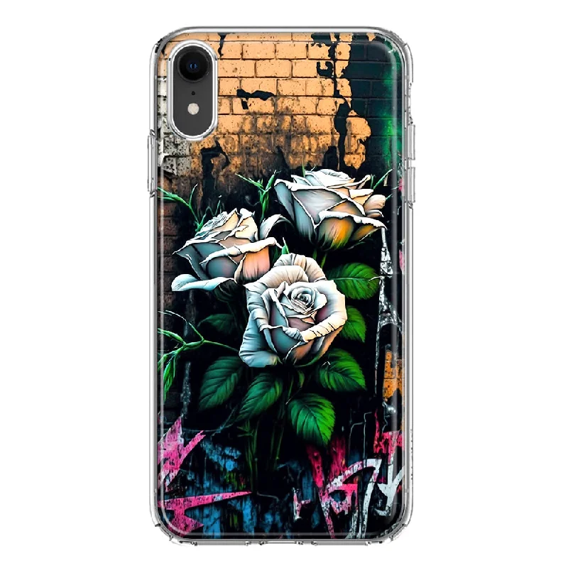 For Apple iPhone XR White Roses Graffiti Wall Art Painting Design Hybrid Protective Phone Case Cover