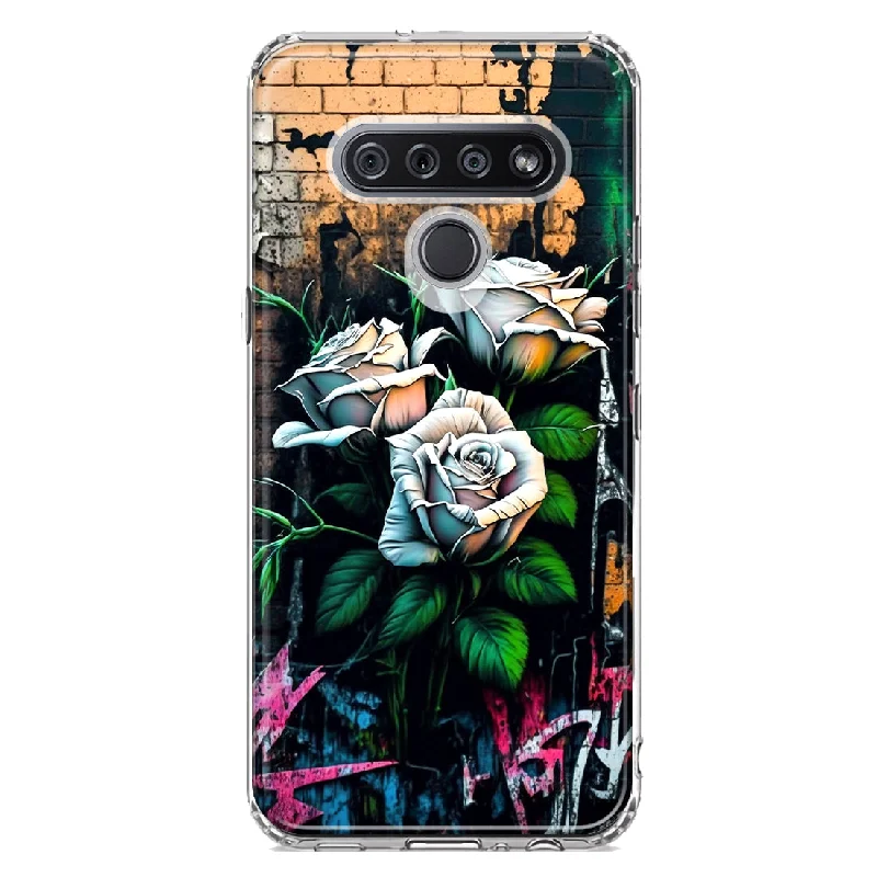 For LG K51 White Roses Graffiti Wall Art Painting Design Hybrid Protective Phone Case Cover