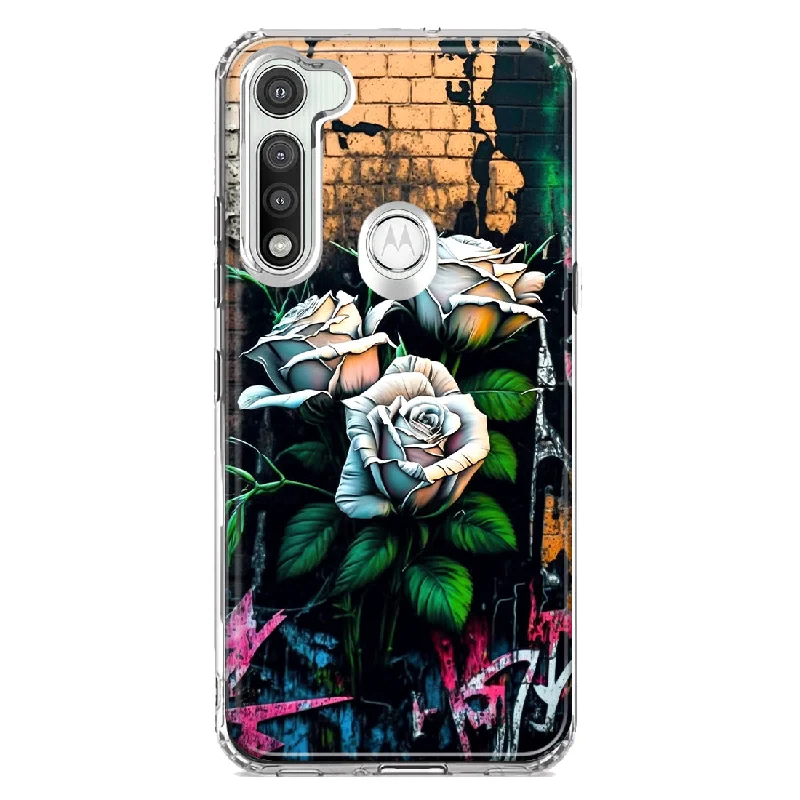 For Motorola Moto G Fast White Roses Graffiti Wall Art Painting Design Hybrid Protective Phone Case Cover