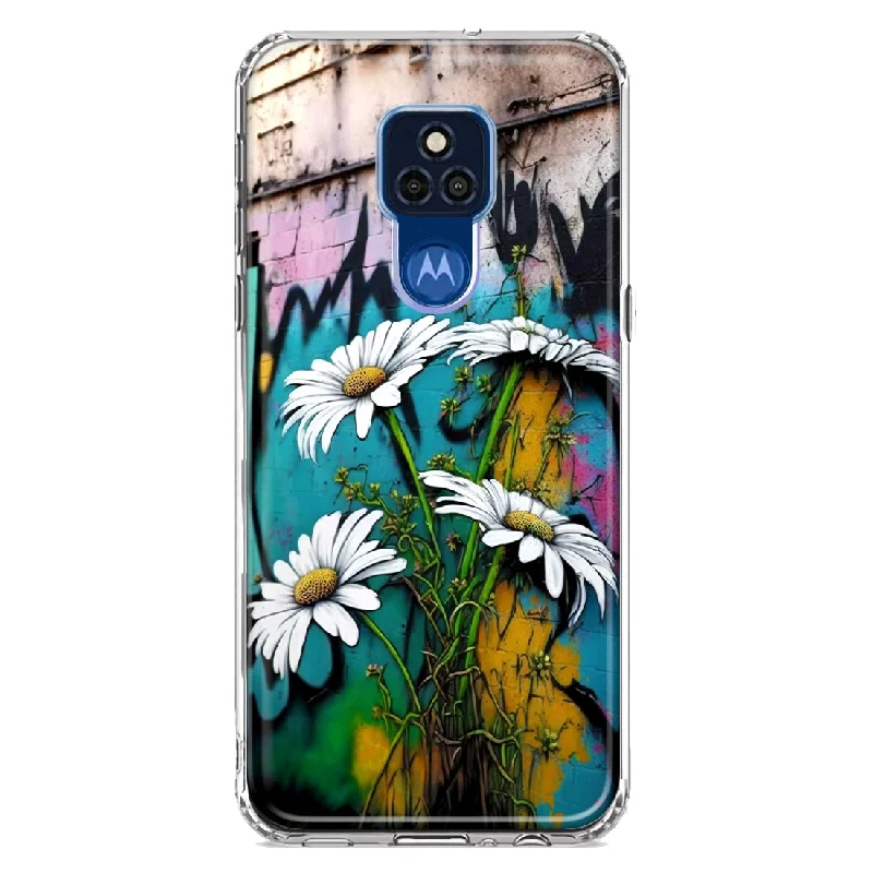 For Motorola Moto G Play 2021 White Daisies Graffiti Wall Art Painting Design Hybrid Protective Phone Case Cover