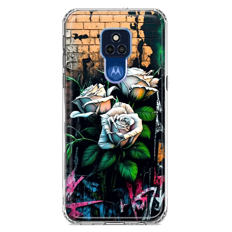 For Motorola Moto G Play 2021 White Roses Graffiti Wall Art Painting Design Hybrid Protective Phone Case Cover