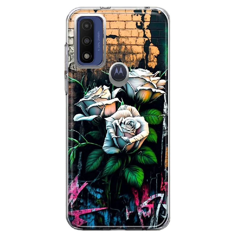 For Motorola Moto G Play 2023 White Roses Graffiti Wall Art Painting Design Hybrid Protective Phone Case Cover