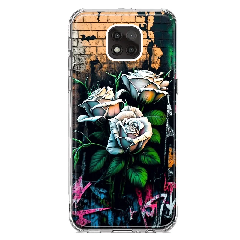 For Motorola Moto G Power 2021 White Roses Graffiti Wall Art Painting Design Hybrid Protective Phone Case Cover