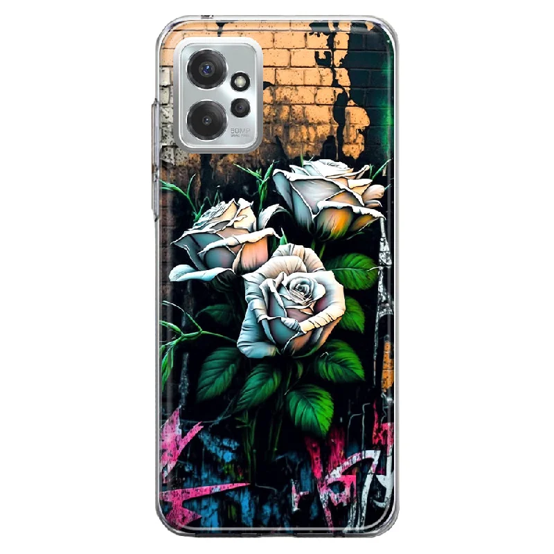 For Motorola Moto G Power 5G 2023 White Roses Graffiti Wall Art Painting Design Hybrid Protective Phone Case Cover