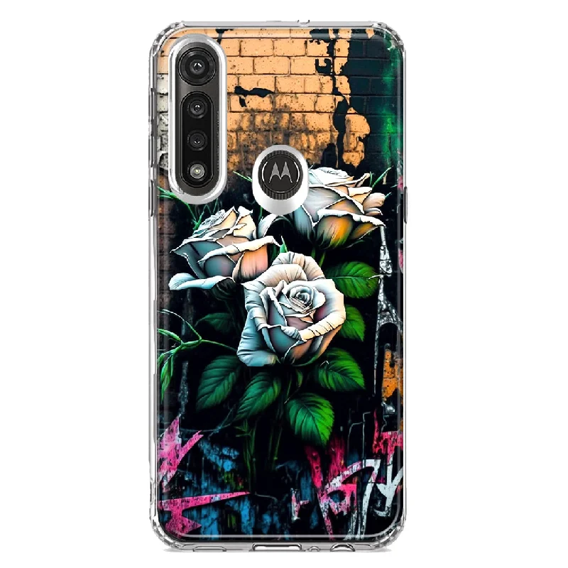 For Motorola Moto G Power White Roses Graffiti Wall Art Painting Design Hybrid Protective Phone Case Cover