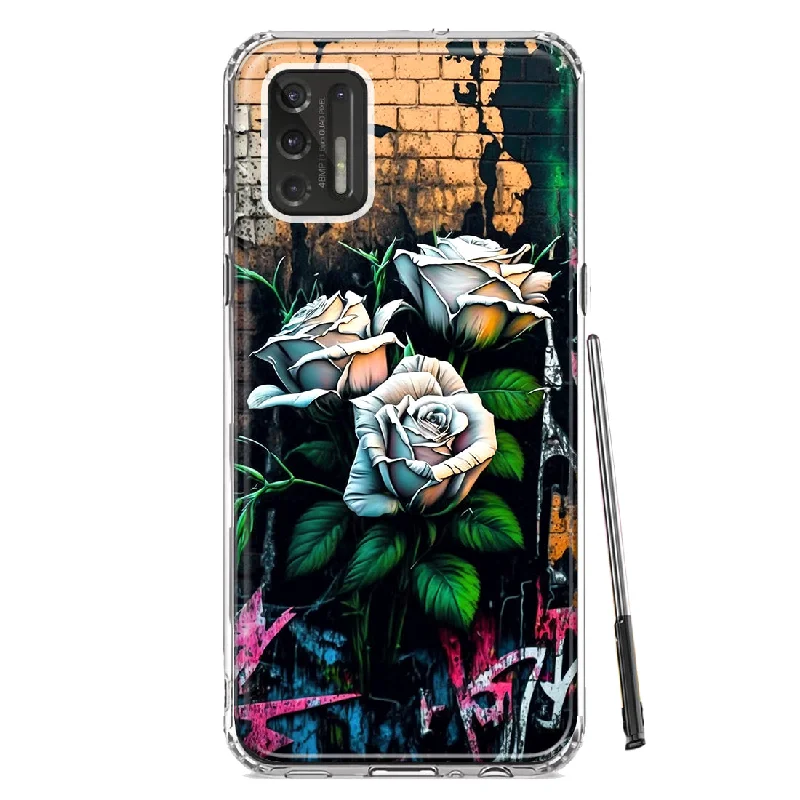 For Motorola Moto G Stylus 2021 White Roses Graffiti Wall Art Painting Design Hybrid Protective Phone Case Cover