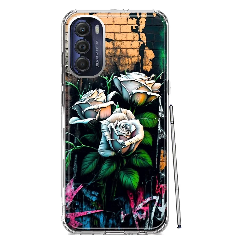 For Motorola Moto G Stylus 4G 2022 White Roses Graffiti Wall Art Painting Design Hybrid Protective Phone Case Cover