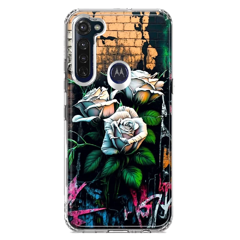 For Motorola Moto G Stylus White Roses Graffiti Wall Art Painting Design Hybrid Protective Phone Case Cover