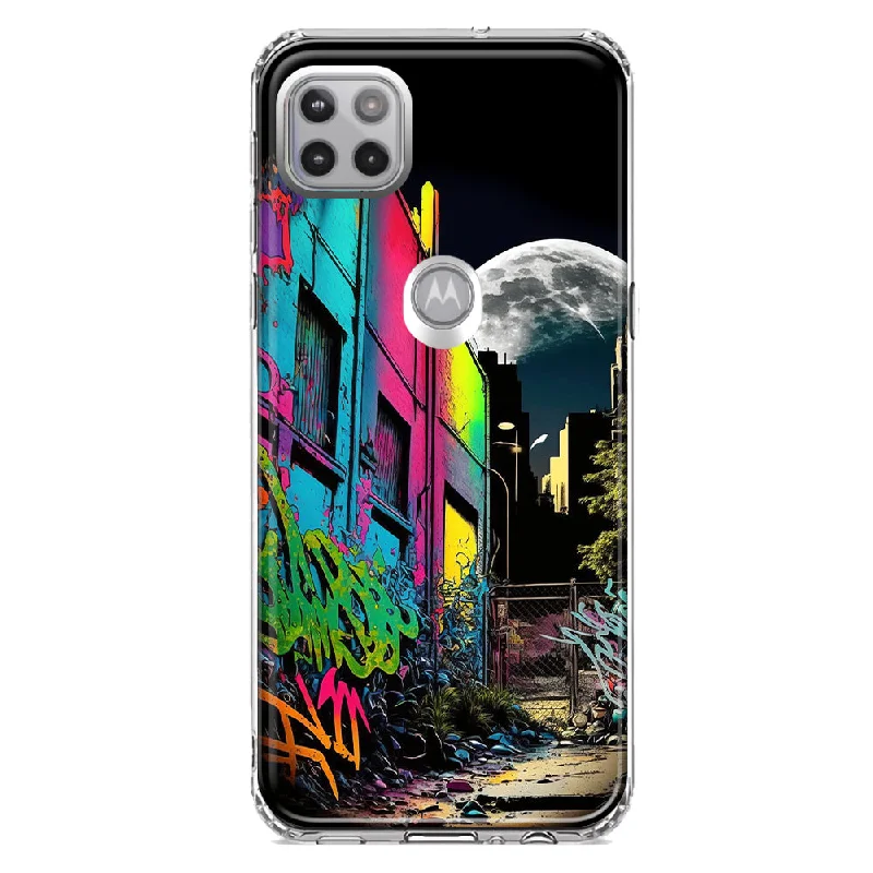 For Motorola One 5G Ace Urban City Full Moon Graffiti Painting Art Design Hybrid Protective Phone Case Cover