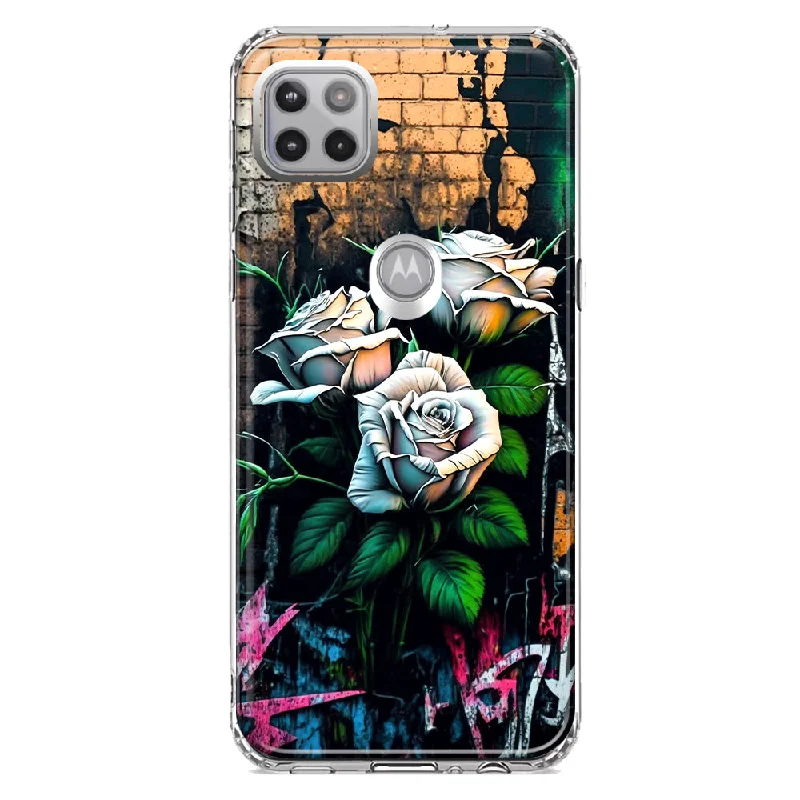 For Motorola One 5G Ace White Roses Graffiti Wall Art Painting Design Hybrid Protective Phone Case Cover