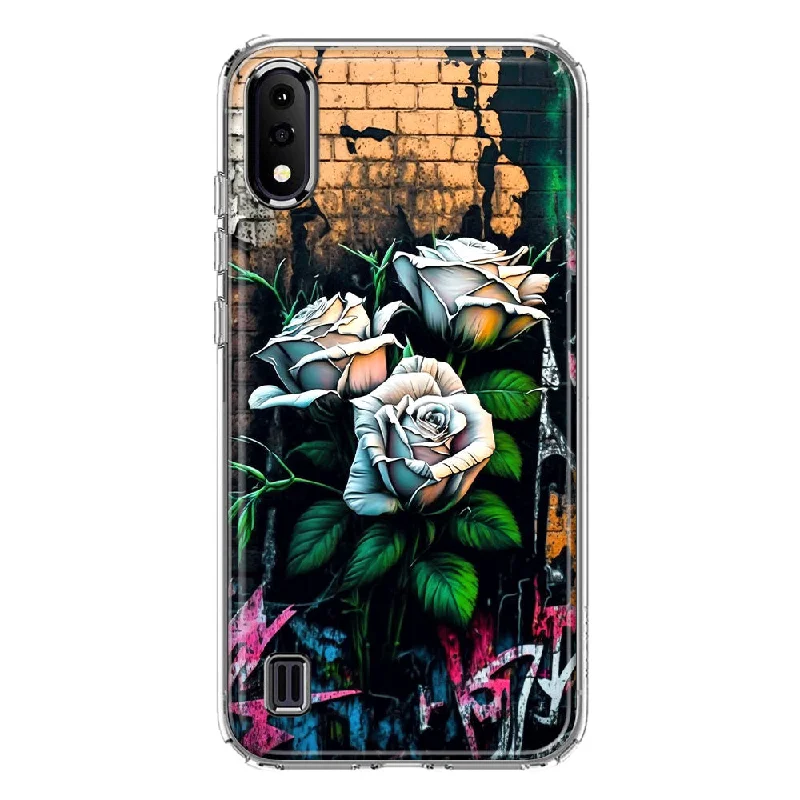 For Samsung Galaxy A01 White Roses Graffiti Wall Art Painting Design Hybrid Protective Phone Case Cover