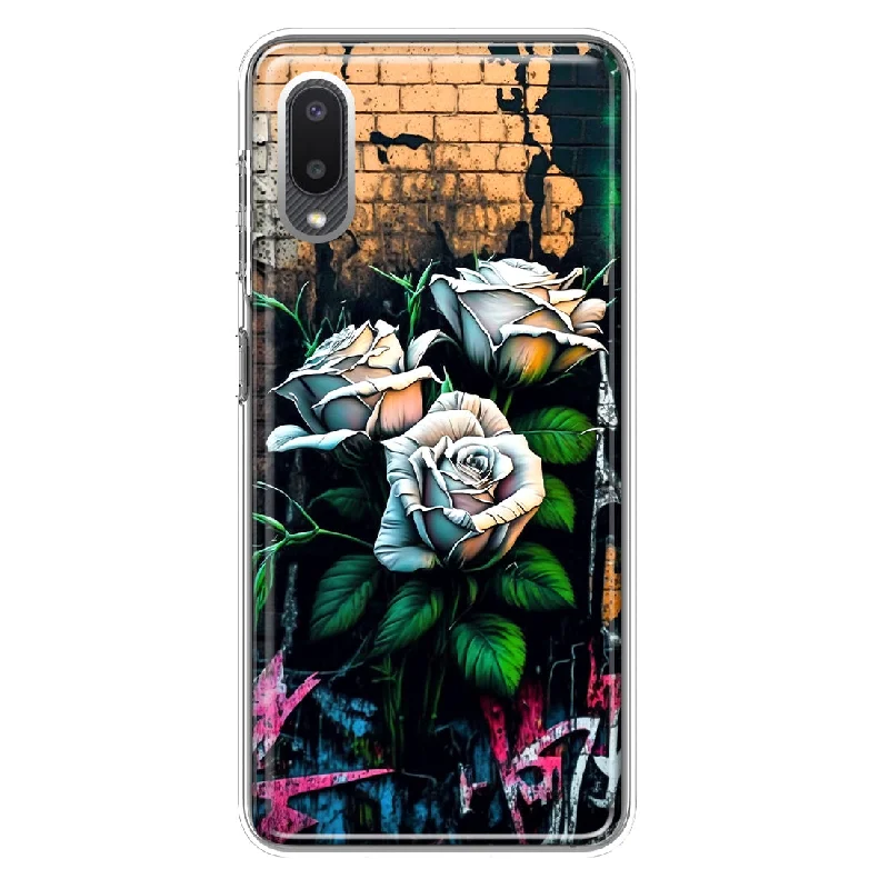 For Samsung Galaxy A02 White Roses Graffiti Wall Art Painting Design Hybrid Protective Phone Case Cover