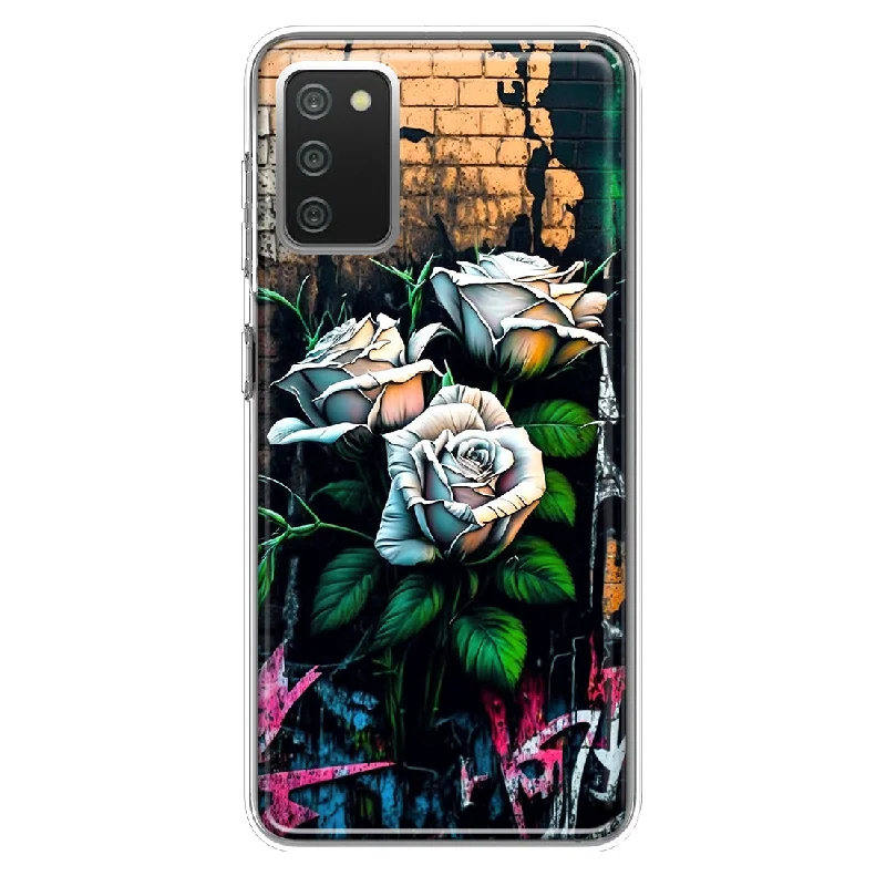 For Samsung Galaxy A02S White Roses Graffiti Wall Art Painting Design Hybrid Protective Phone Case Cover