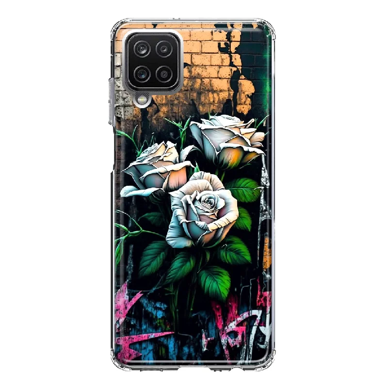 For Samsung Galaxy A12 White Roses Graffiti Wall Art Painting Design Hybrid Protective Phone Case Cover