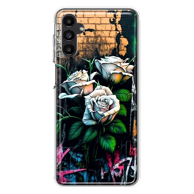 For Samsung Galaxy A13 White Roses Graffiti Wall Art Painting Design Hybrid Protective Phone Case Cover