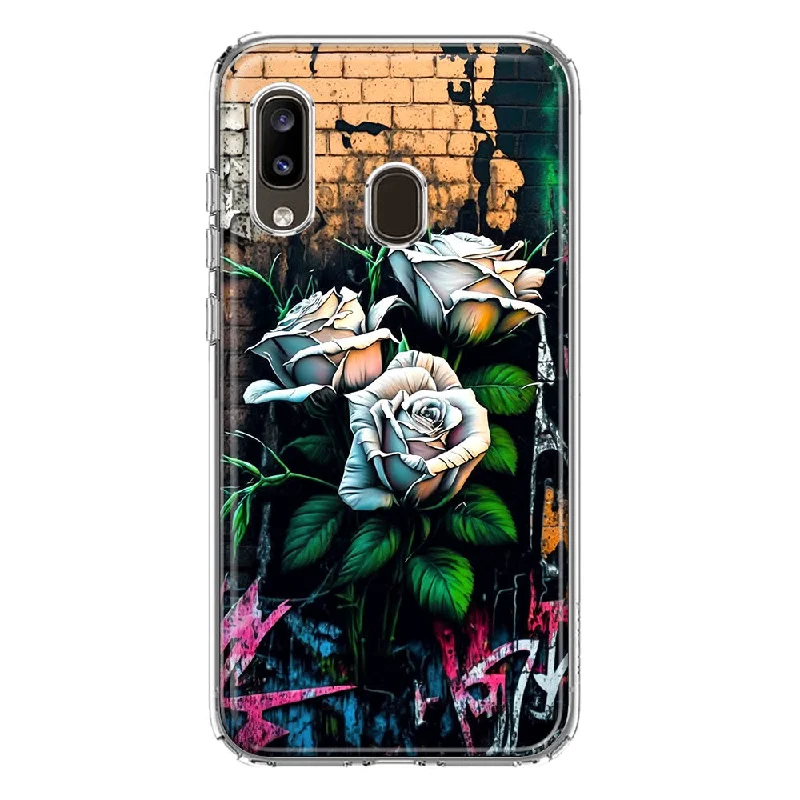 For Samsung Galaxy A20 White Roses Graffiti Wall Art Painting Design Hybrid Protective Phone Case Cover