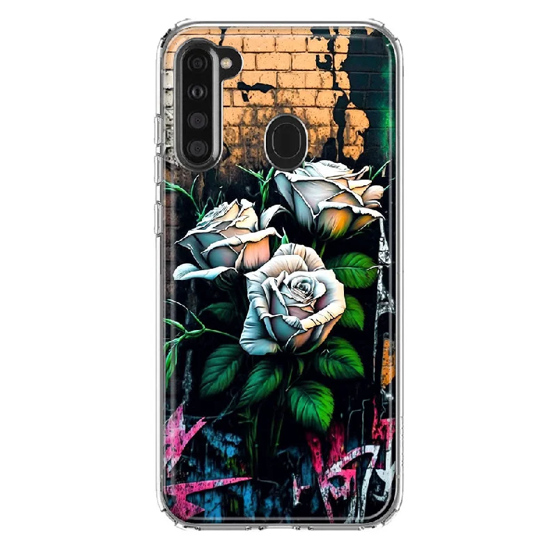 For Samsung Galaxy A21 White Roses Graffiti Wall Art Painting Design Hybrid Protective Phone Case Cover