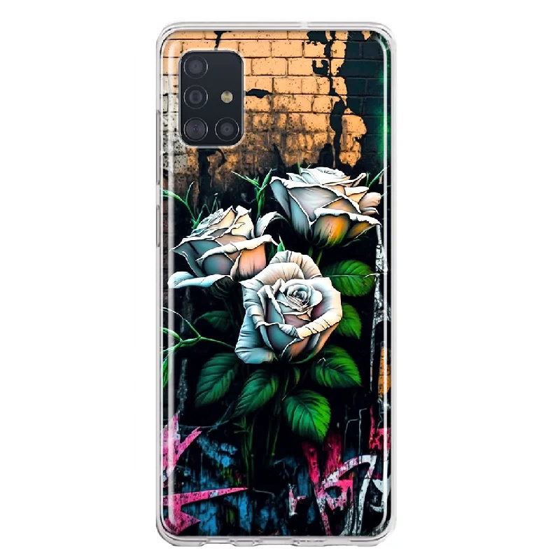 For Samsung Galaxy A51 White Roses Graffiti Wall Art Painting Design Hybrid Protective Phone Case Cover