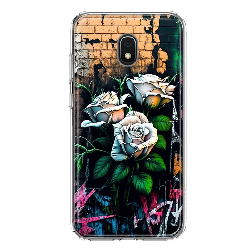 For Samsung Galaxy J3 Express/Prime 3/Amp Prime 3 White Roses Graffiti Wall Art Painting Design Hybrid Protective Phone Case Cover