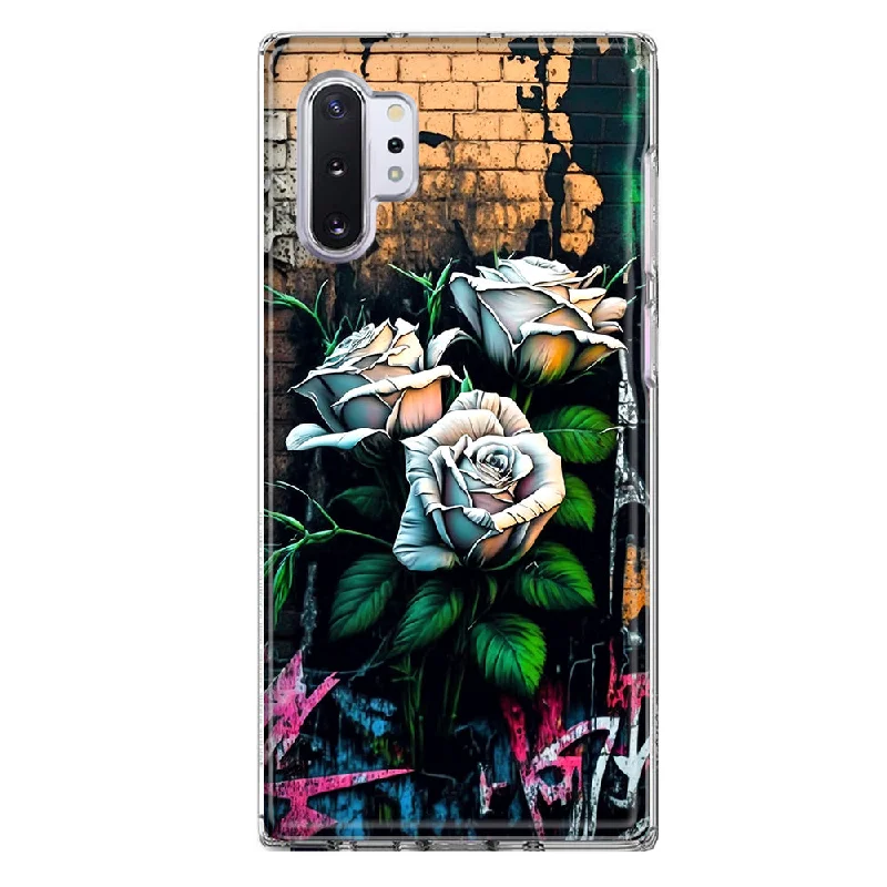 For Samsung Galaxy Note 10 Plus White Roses Graffiti Wall Art Painting Design Hybrid Protective Phone Case Cover